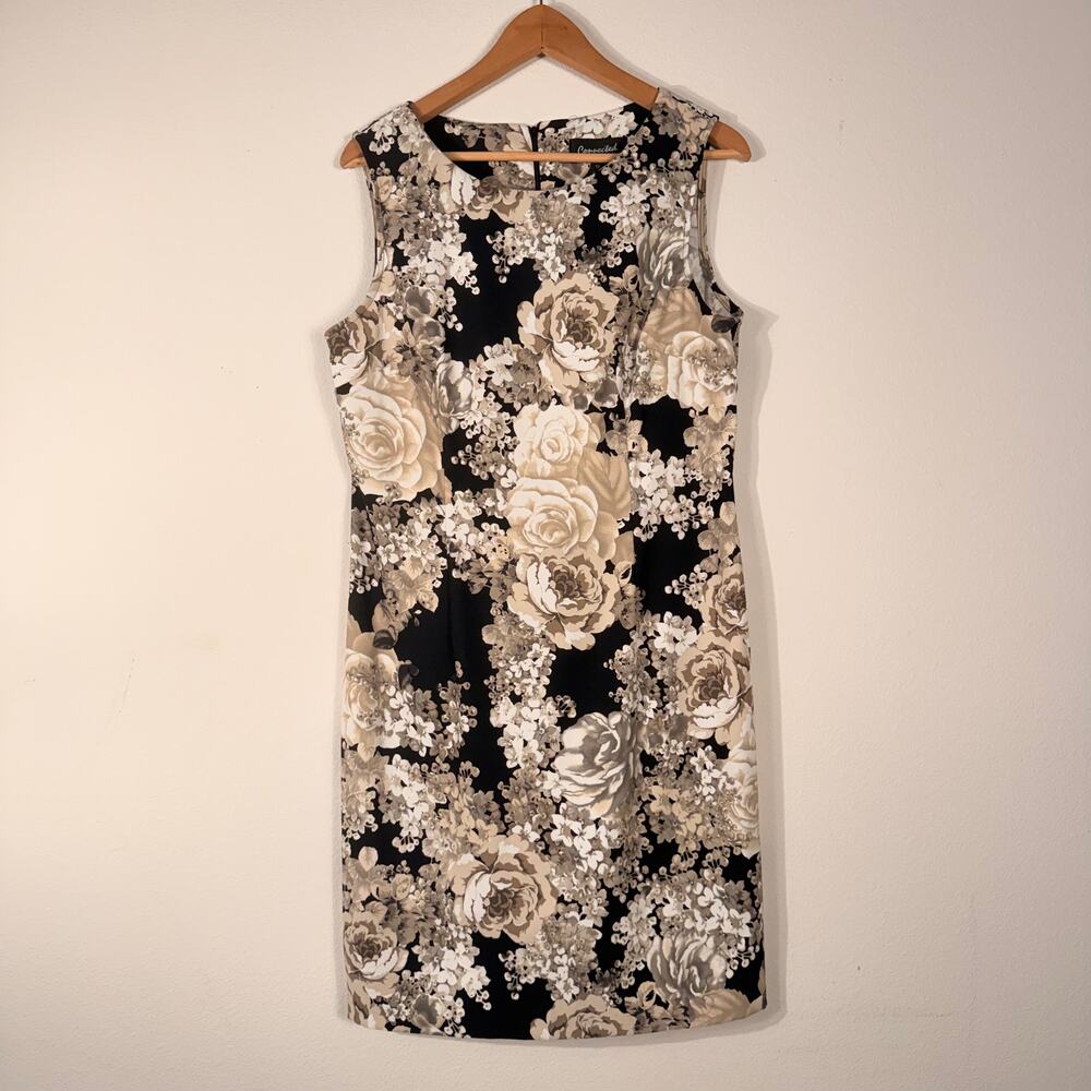 Connected Apparel Size 14 Black Beige Floral Sleeveless Sheath Dress